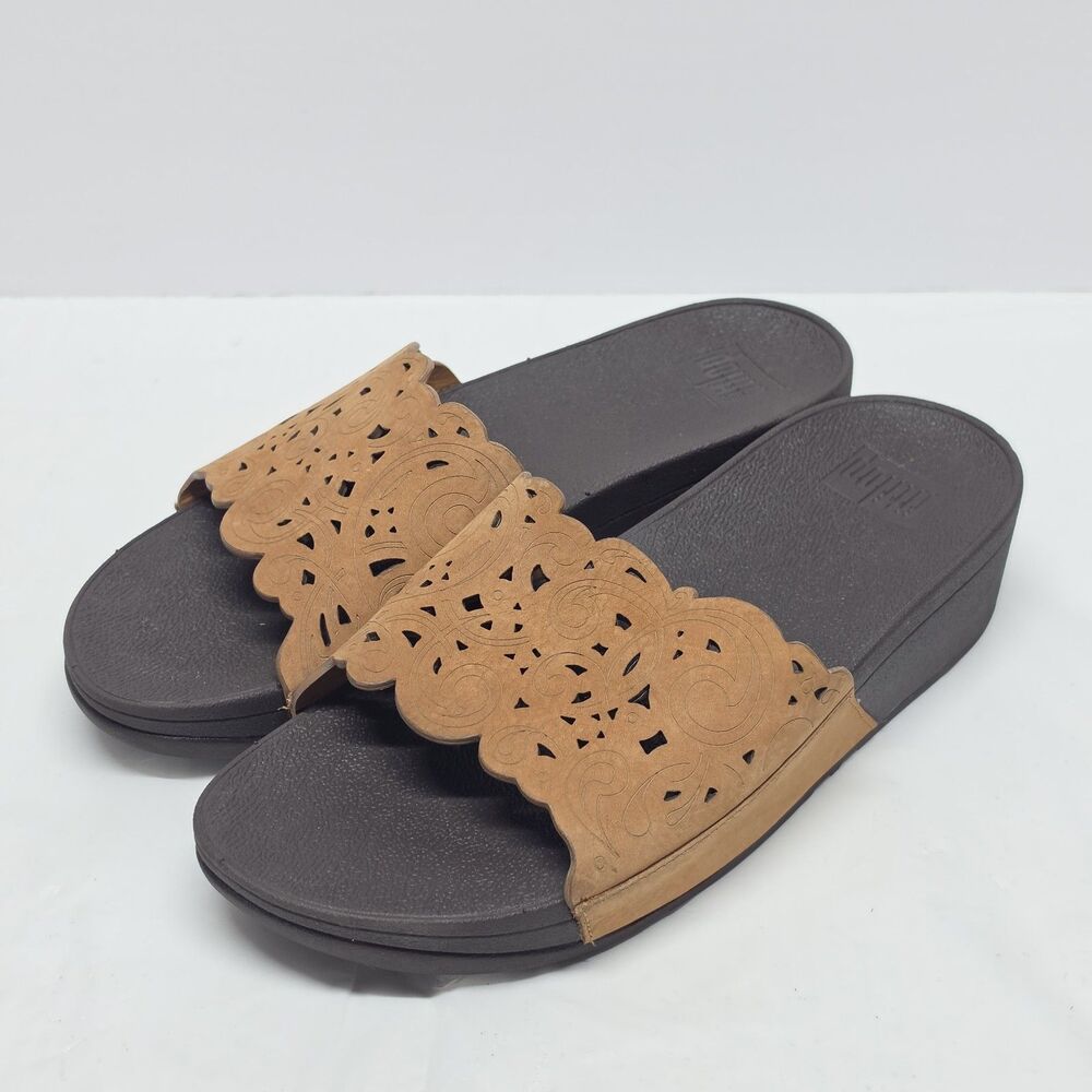Fitflop Size 7 Tan Flora Women Slides Sandals Laser Cut Leather Microwobble
